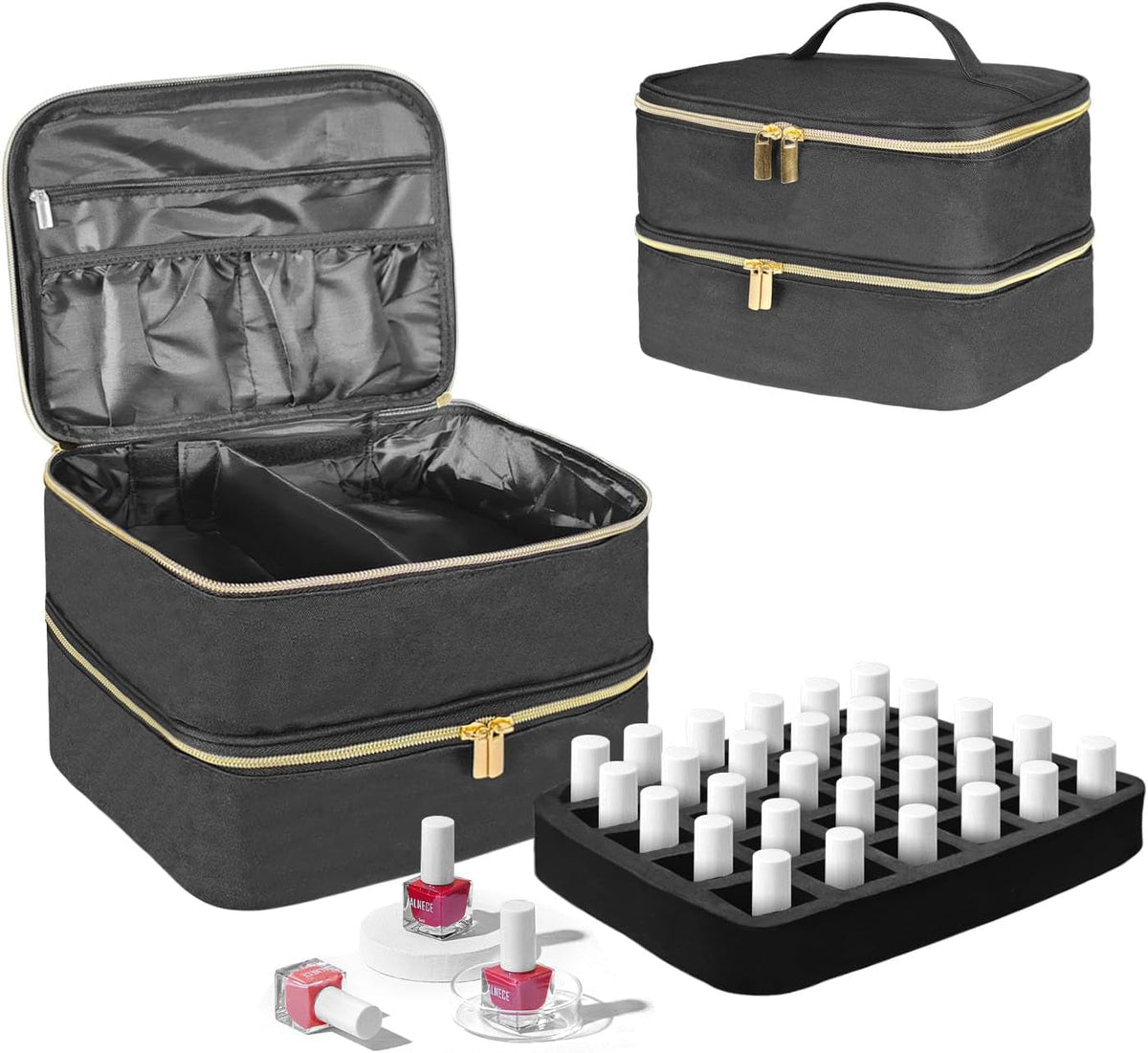 Nagellack Organizer Tasche, Doppelschicht Nagellack Aufbewahrung Box, Organizer Koffer Für Nageldesign Kosmetiktasche Für 30 Flaschen Neonail Base(15Ml-0.5 Fl.Oz) & 1 Nagellampe(Schwarz)
