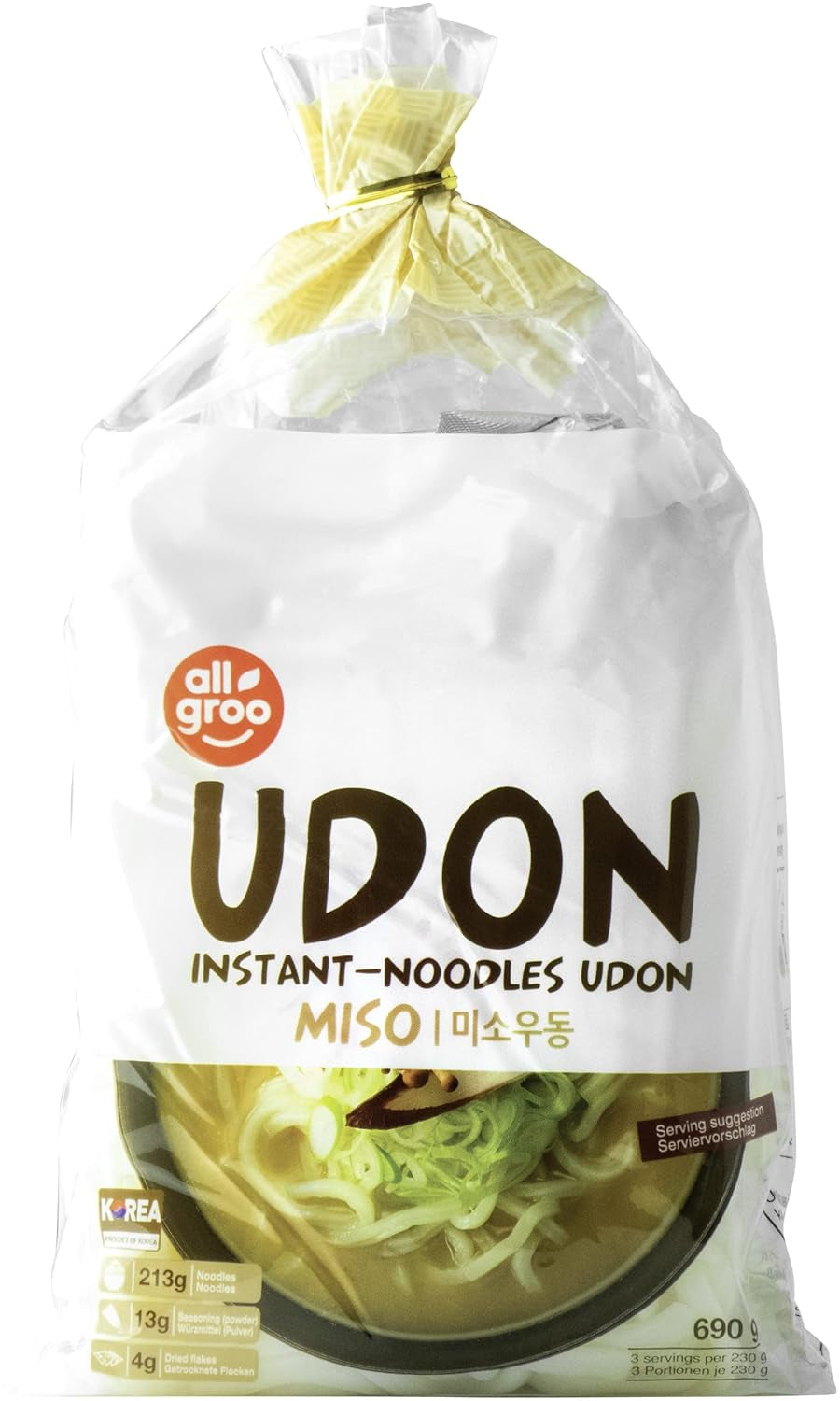 Makaron błyskawiczny Allgroo Udon - Miso, zupa Udon, pikantny, aromatyczny, szybki w przygotowaniu - zawiera 3 porcje - 1 x 690 g