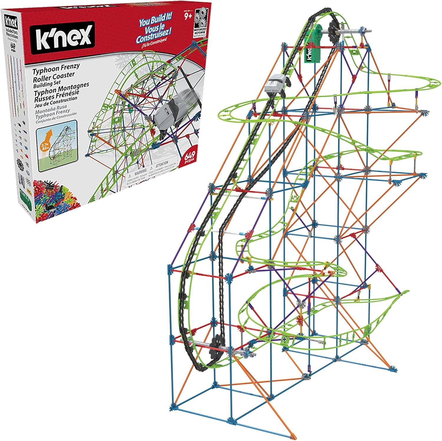 K'NEX 51438 Kolejka górska Typhoon Frenzy, kolorowy zestaw konstrukcyjny 2 w 1 dla chłopców i dziewcząt, zabawka o długości 19 stóp, 640-częściowy zestaw do budowania dla dzieci w wieku 9 lat +