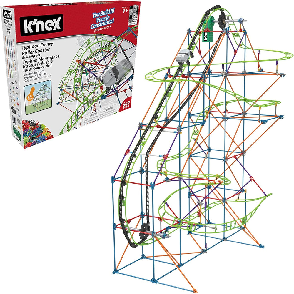 K'NEX 51438 Kolejka górska Typhoon Frenzy, kolorowy zestaw konstrukcyjny 2 w 1 dla chłopców i dziewcząt, zabawka o długości 19 stóp, 640-częściowy zestaw do budowania dla dzieci w wieku 9 lat +