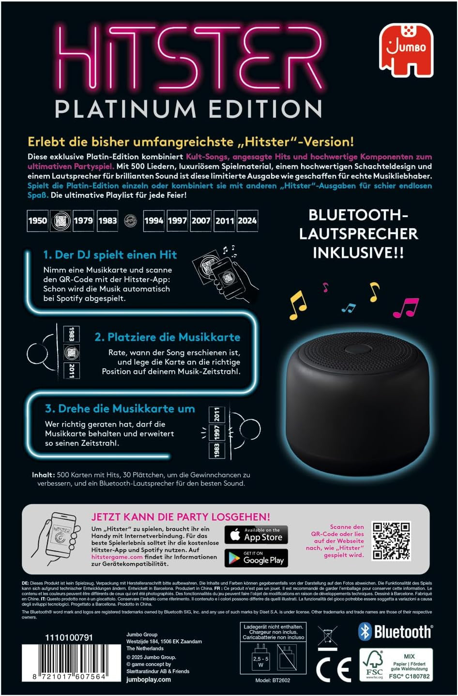 Hitster Platinum Edition – imprezowa gra muzyczna zawierająca 500 utworów z popu, rocka, hip-hopu, tańca i nie tylko, w tym głośnik