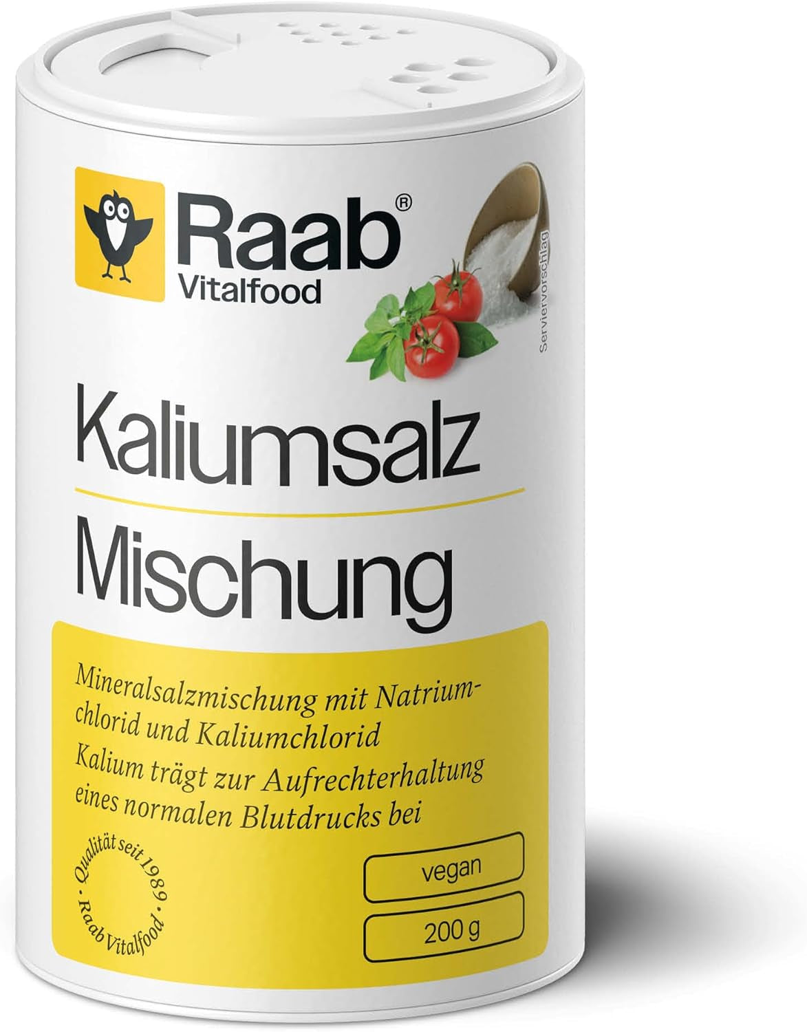 Raab Vitalfood Kalium salt-Mischung, Mineralsalzmischung mit 66,7% Natriumchlorid (Kochsalz) i 33% Kaliumchlorid, Kalium trägt zur Aufrechterhaltung eines normalen Blutdruck bei (1 x 200 g dawka)