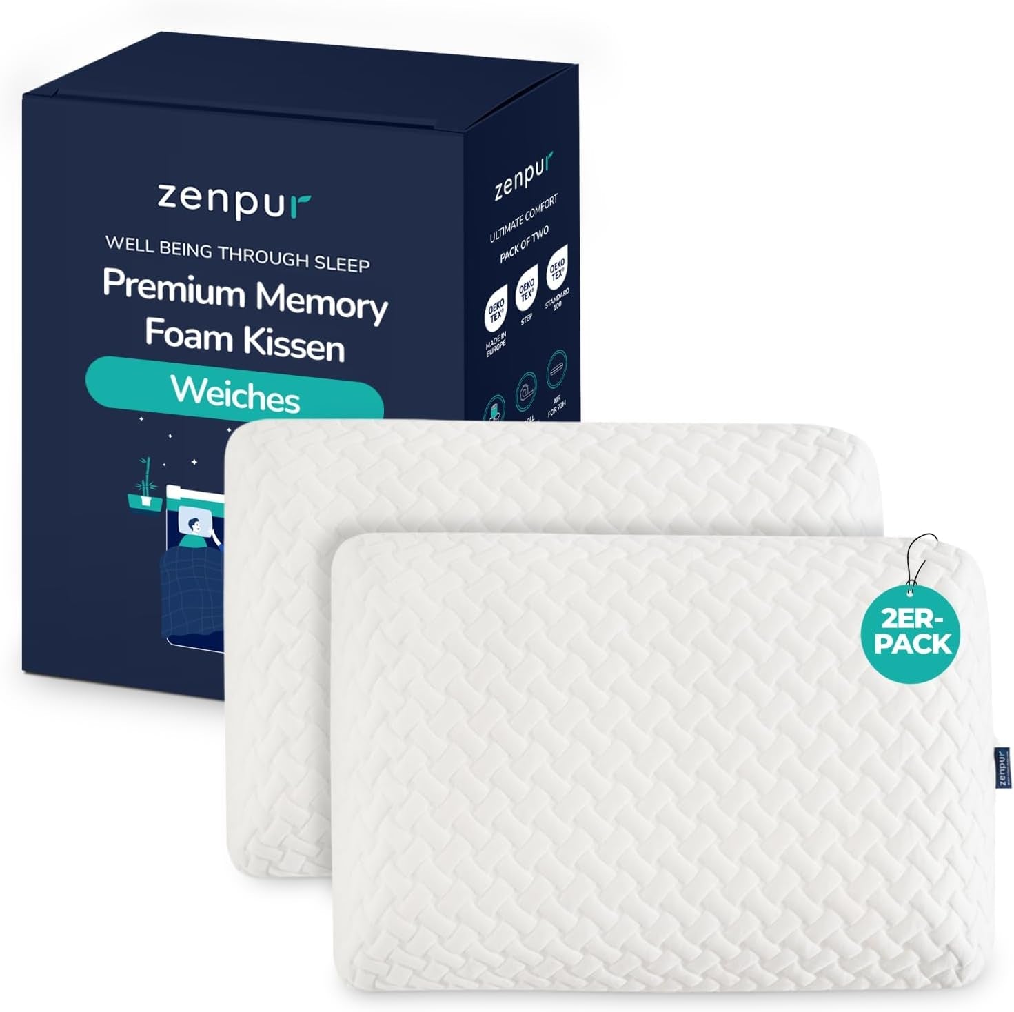 Pernă ortopedică pentru gât ZenPur 40x60-13cm, pernă pentru cap din spumă cu memorie - pernă ergonomică pentru somn, pentru gât și umeri, certificată Oeko-TEX