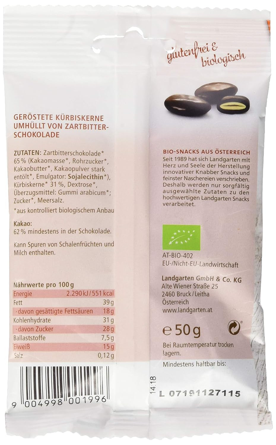 Landgarten Organiczne pestki dyni w ciemnej czekoladzie - Wegańska przekąska czekoladowa z pieczonymi pestkami dyni - źródło magnezu - 1 x 50g