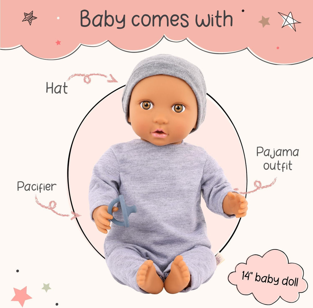 LullaBaby - Baby Puppe - Einteiler & Mütze - 36 cm Realistyczny Baby-Puppe - Orzech laskowy, brązowe oczy i miękkie ciało - Romper i Schnuller-Zubehör - Udawaj zabawę - Kinder 2 Jahre +