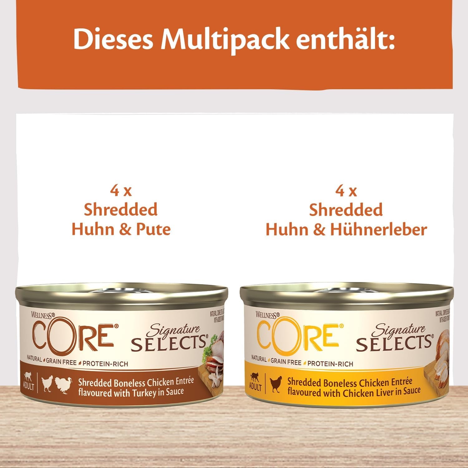 Wellness CORE Signature Selects 8 x 79g, Mix de pui și curcan – Hrană umedă pentru pisici, fâșii delicioase în sos, fără cereale, naturală, hipoalergenică, bogată în proteine, conținut ridicat de carne