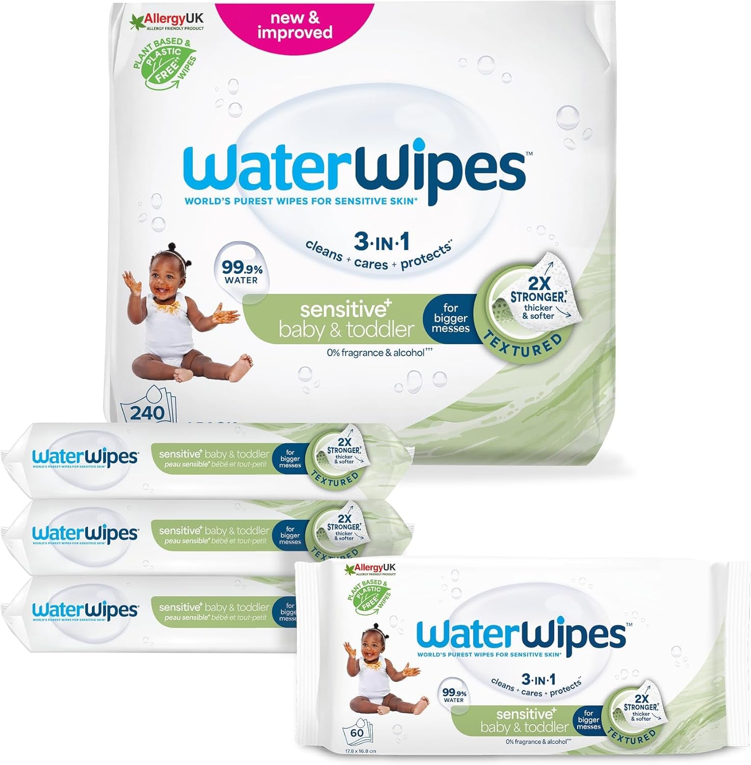 WaterWipes Sensitive+ Chusteczki nawilżane dla niemowląt i małych dzieci, 720 szt. (12 szt.), 3 w 1 czyszczenie, pielęgnacja, ochrona, 99,9% wody, teksturowane oczyszczanie, bezzapachowy