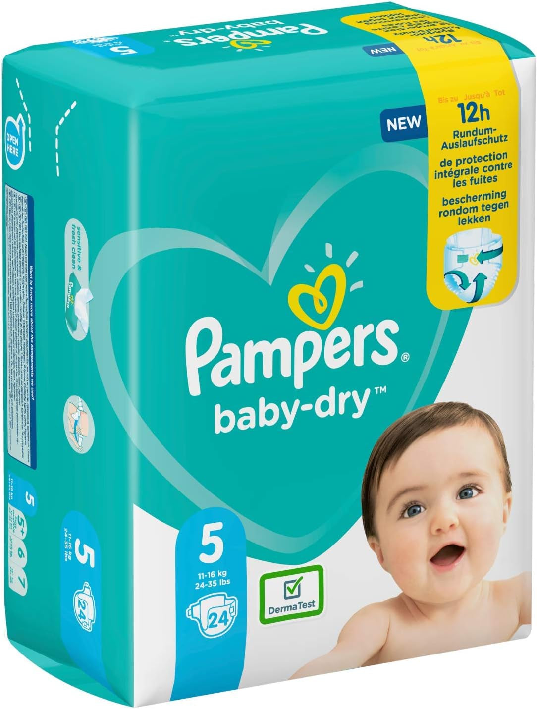 Pieluchy Pampers dla niemowląt rozmiar 5 (11-16 kg), 24 sztuki, aż do 12 godzin ochrony przed zaciekami