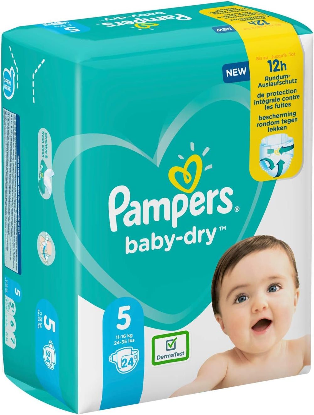 Pieluchy Pampers dla niemowląt rozmiar 5 (11-16 kg), 24 sztuki, aż do 12 godzin ochrony przed zaciekami