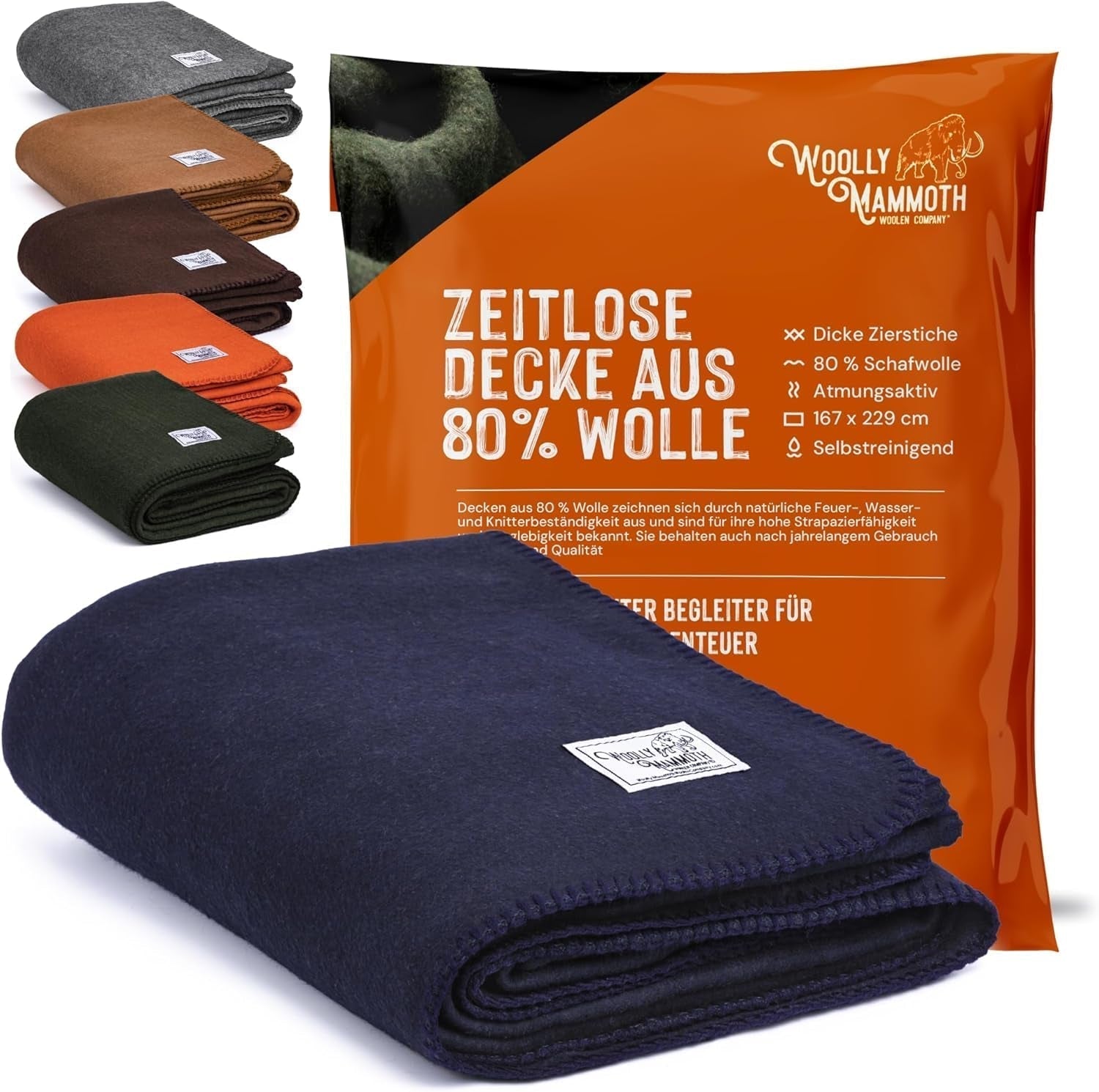 Woolly Mammoth Woolen Co. pătură de camping, extra mare, lână merino, Echipamentul perfect în aer liber pentru bushcraft, camping, trekking, drumeții, supraviețuire sau pătură în cabană. Maro, 168 X 228 Paturi si Cuverturi Woolly Mammoth Woolen Company Albastru marin 66" X 90"