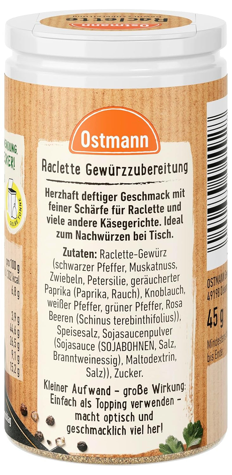 Ostmann Gewürze - Raclette Gewürzzubereitung | Zum Würzen von Käsegerichten | Recyclebare, nachfüllbare Streudose | 45 g w Streuerze