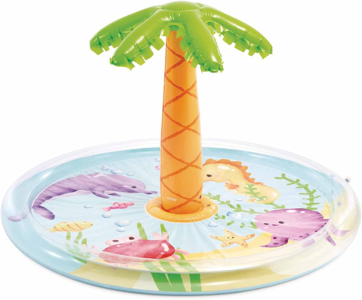 Piscină gonflabilă pentru copii Intex cu spray de palmier, Ø 173 x 104 cm, cu pulverizator de apă, conexiune furtun, capacitate 166 l, design tropical, vinil rezistent, pentru copii de 2 ani și peste (56433)