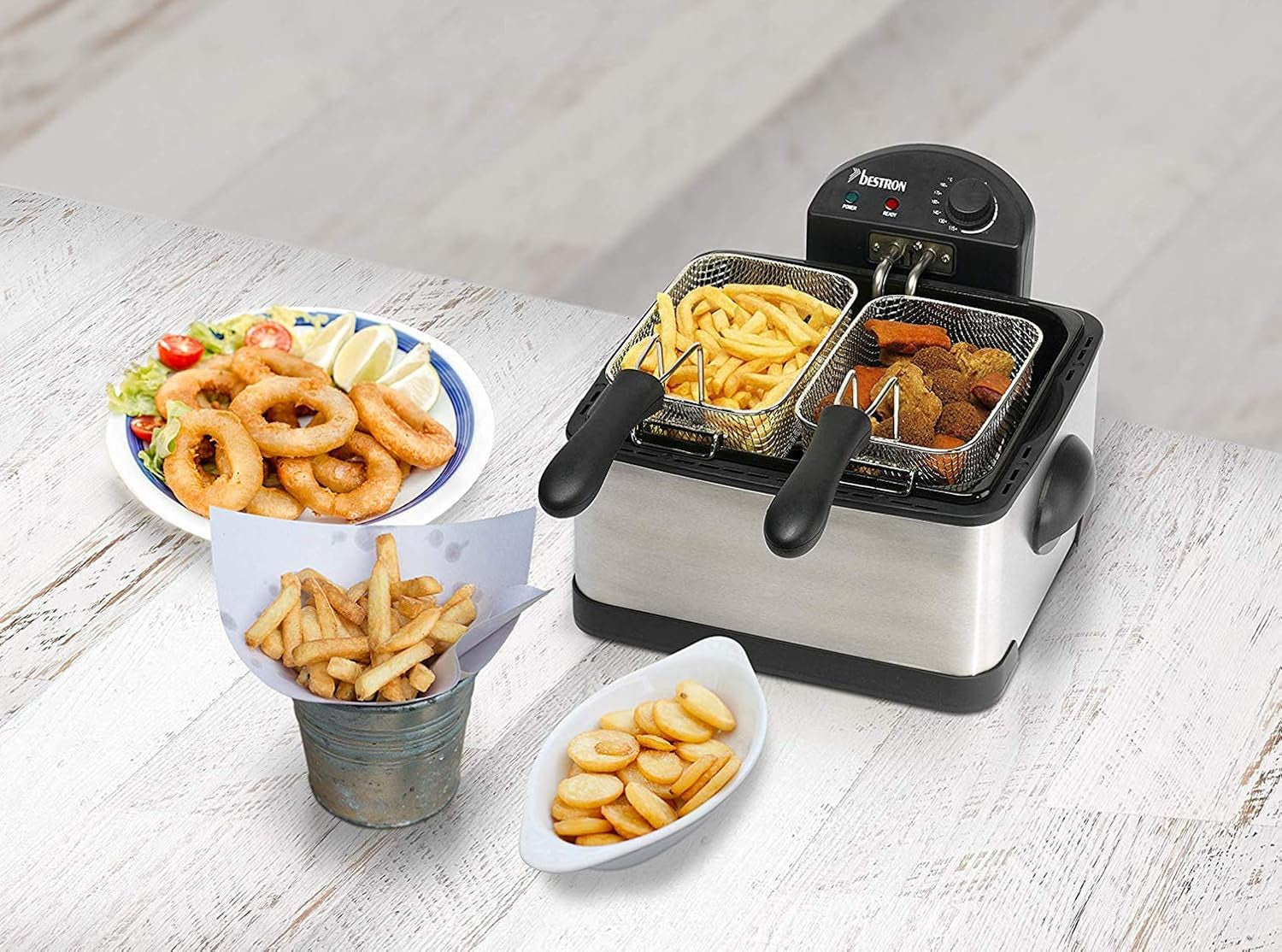 Frytkownica olejowa Bestron XL Z 3 koszami do smażenia, z technologią zimnej strefy i wyjmowanym pojemnikiem na olej, 4 litry, 2000 W AGD Naty Shop