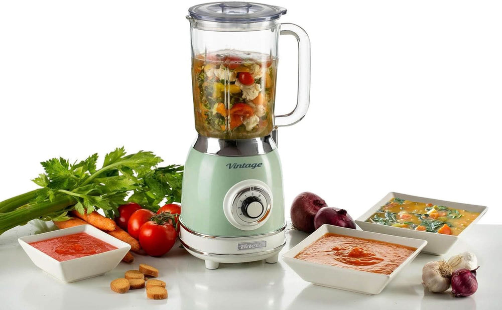 Ariete Vintage 583 Mixer Aus Glas, Retro Multifunktionsmixer Mit 4 Klingen, 4 Geschwindigkeiten + Pulse-Funktion, Funkcja kruszarki do lodu, 1,5 litra Fassungsvermögen, 1000W, Green Kitchen Naty Shop