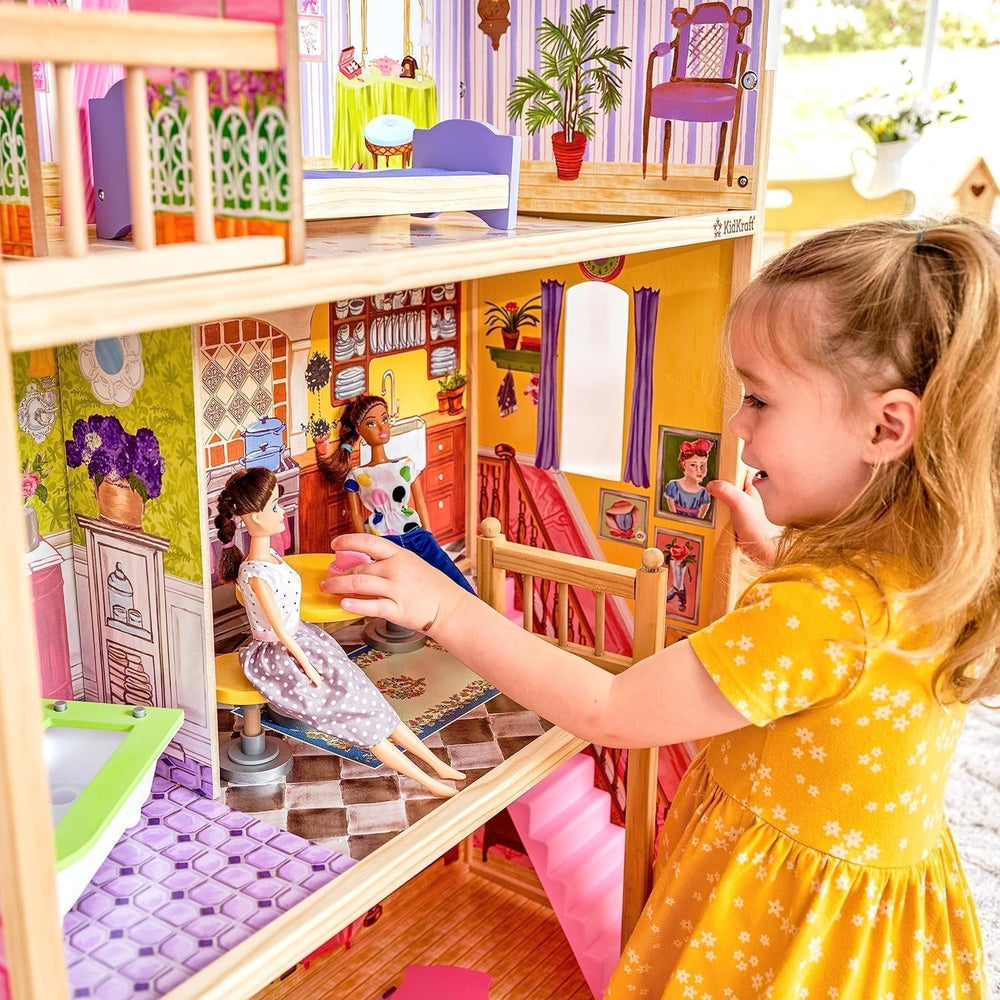 Drewniany domek dla lalek Kidkraft Kayla z meblami i akcesoriami, 3-poziomowy zestaw dla lalek 30 cm, zabawka dla 3 lat, 65092 — wyłącznie w sklepie Amazon Dollhouses Naty Shop