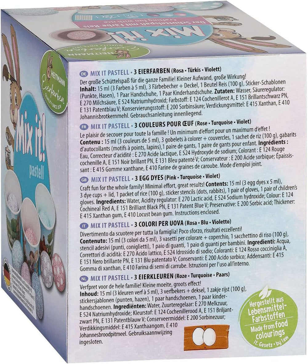 Coloranți de ou Heitmann - Mix It Pastel - 3 coloranți lichizi de ou în roz, turcoaz și violet, cupă, orez, șabloane și mănuși - Vopsire ușoară cu ouă