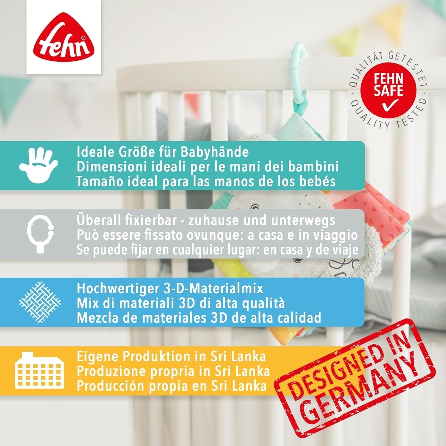 Fehn Soft picture book Bruno - carte moale pentru bebeluși din țesătură cu motive de animale - carte jucărie din țesătură de agățat pentru cărucioare și scaune auto pentru bebeluși - carte cu pocnitori pentru bebeluși și copii de la 0+ luni Jucarii Bebe Naty Shop