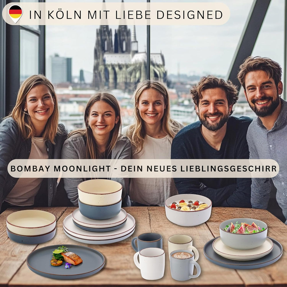 SÄNGER Bombay Moonlight | Set de veselă cu 12 piese, ceramică pentru 4 persoane, 4 farfurii de cină, 4 farfurii de desert, 4 boluri, culori asortate | COLECȚIA VALUE