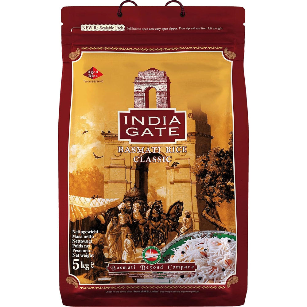 INDIA GATE Premium Basmati Rice – Długoziarnisty drobnoziarnisty, aromatyczny ryż z Indii, drobnoziarnisty długoziarnisty (1 x 5 kg)