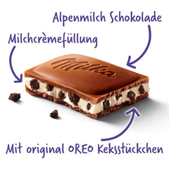 Milka Oreo – Alpejska czekolada mleczna wypełniona chrupiącymi kawałkami ciastek Oreo i gładkim kremem waniliowym – 100g