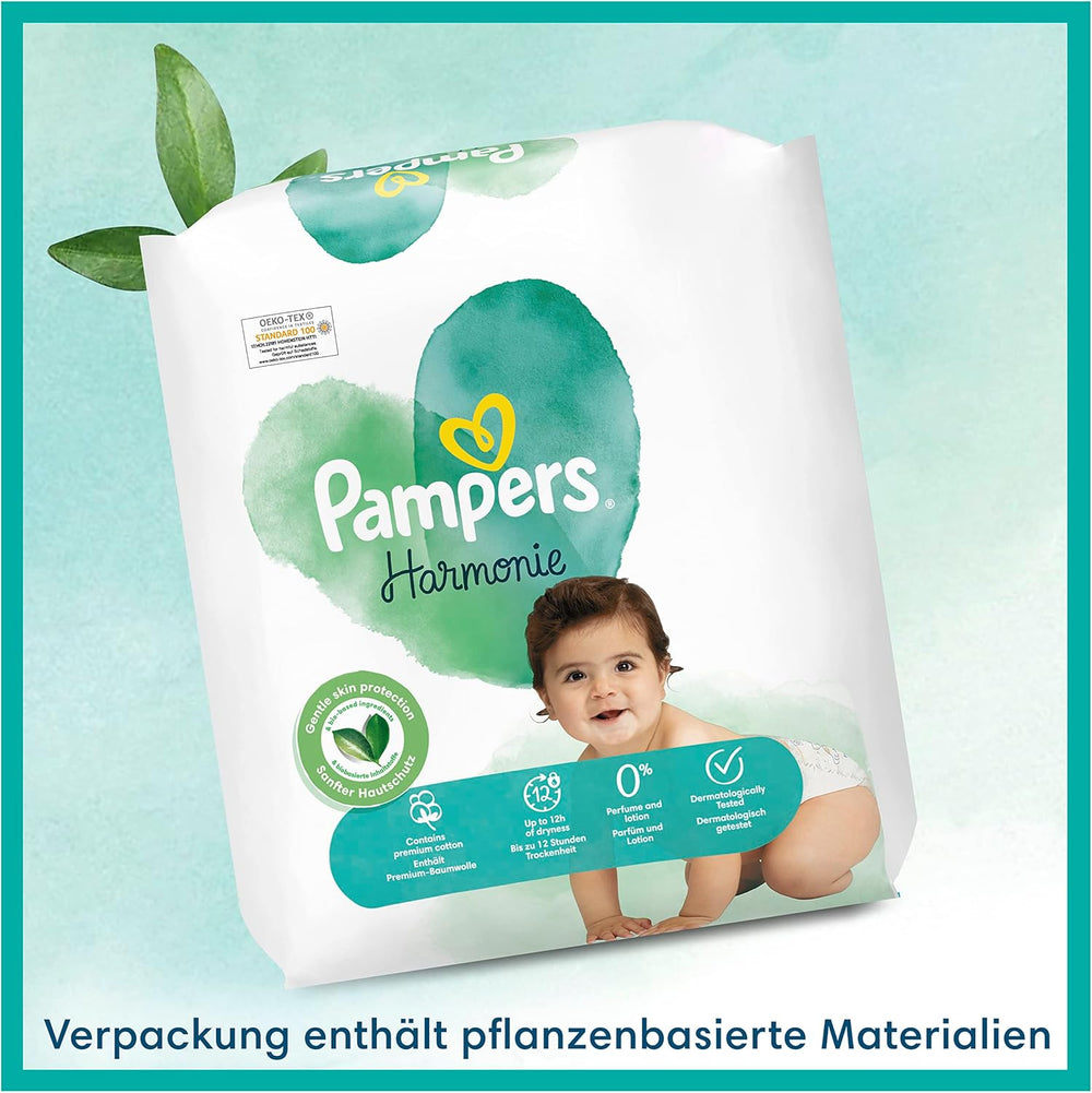 Pieluszki dla niemowląt Pampers, rozmiar 2 (4-8 kg), Harmony, pudełko Half Moon, delikatna ochrona skóry i składniki ziołowe, 240 sztuk