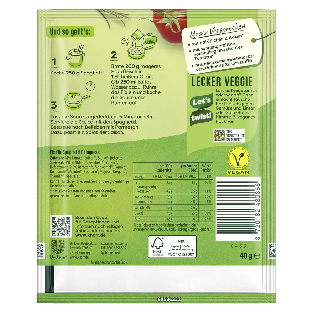 Knorr Fix Würzmischung Spaghetti Bolognese na pyszne danie z makaronem z naturalnymi składnikami 40 g