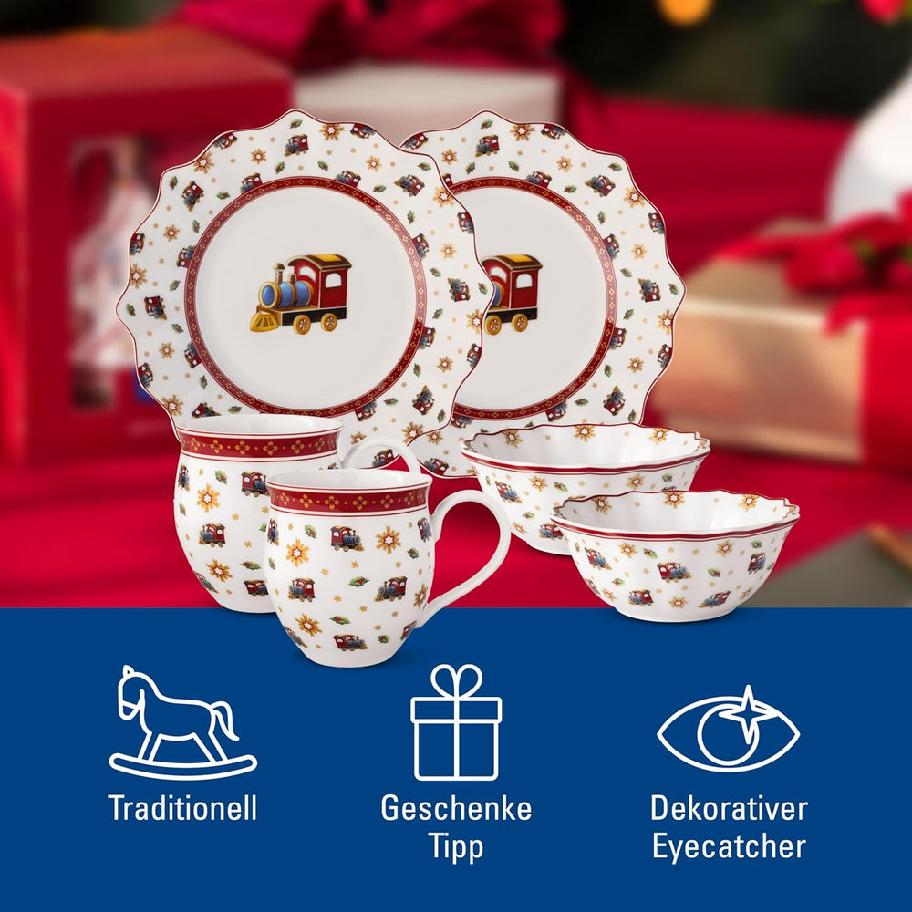 Villeroy & Boch - Set de mic dejun Toy's Delight pentru 2 persoane, Design Locomotivă, 6 piese, Colorat, Crăciun, Set de veselă cu farfurii, căni și boluri pentru micul dejun, Veselă de Crăciun, Porțelan Premium