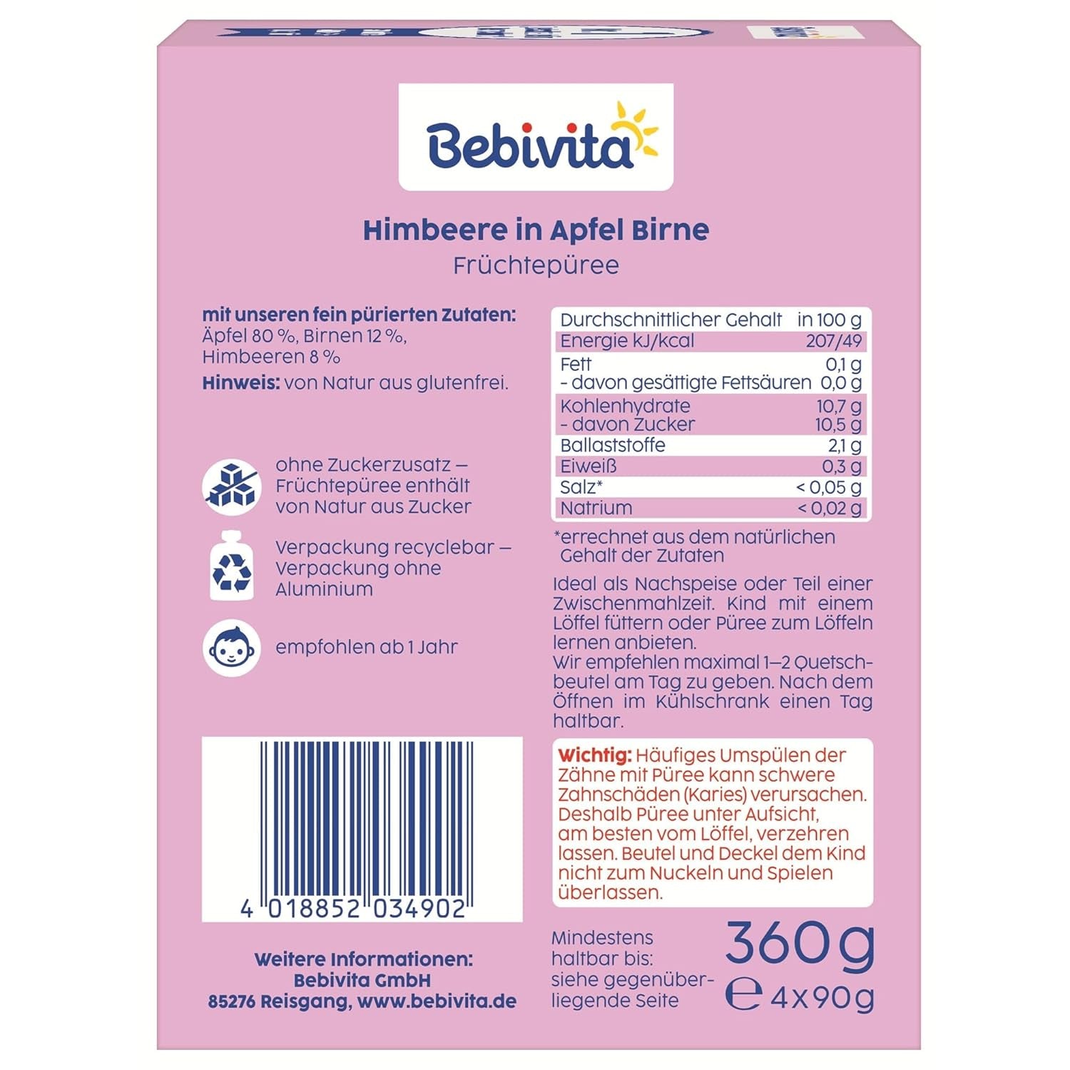 Himbeere in Apfel Birne Quetschie – 16 Stück (4er Pack, je 4 x 90g), ohne Zuckerzusatz, glutenfrei, idealne dla unterwegs i selbständiges Snacken