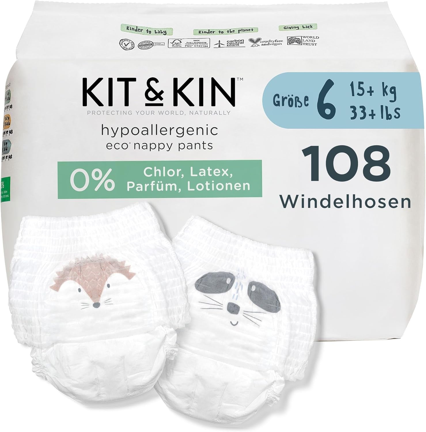 Pieluszki Kit & Kin Premium Eco, rozmiar 4 (9-16 kg), 132 pieluchy, na bazie roślin i hipoalergiczne, niezawodna ochrona przed wyciekami, wegańskie i wolne od okrucieństwa