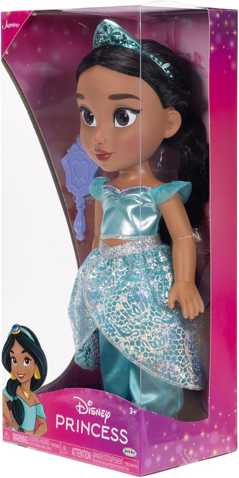 Disney Princess Jasmin Puppe 35cm, reflektierende Glitzeraugen, bewegliche Gelenke, ausziehbares Outfit, Schuhe, Krone, langes geflochtenes Haar, für Mädchen ab 3 Jahren