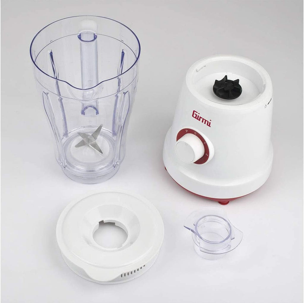 Girmi FR46 Elektrischer Mixer, 1,5 Liter, 2 Geschwindigkeiten Mit Pulse-Funktion, 4 Edelstahlklingen, Messbecherdeckel, Messbecher Mit Skala, Sicherheitseinrichtung, Weiß/Rot Bucatarie Naty Shop