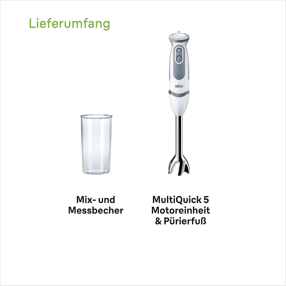 Braun Stabmixer MQ 5200WH - Multiquick 5 Vario Pürierstab Mit Edelstahl Mixfuß, 1000 Watt, Inkl. 600 ml Mix- & Messbecher, Weiß/Grau Kitchen Naty Shop