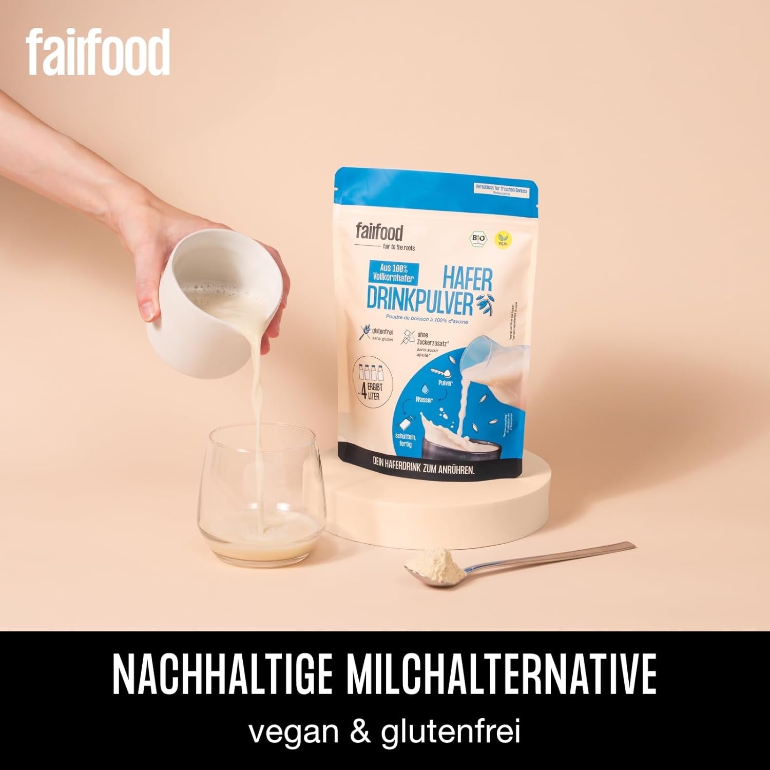 Fairfood Bio Haferdrink Pulver 360g - nachhaltige Milchalternative - wegańskie, bezglutenowe i ohne Öl - bis zu 4L Haferdrink - zum Selbermischen - 100% Bio-Vollkornhafer