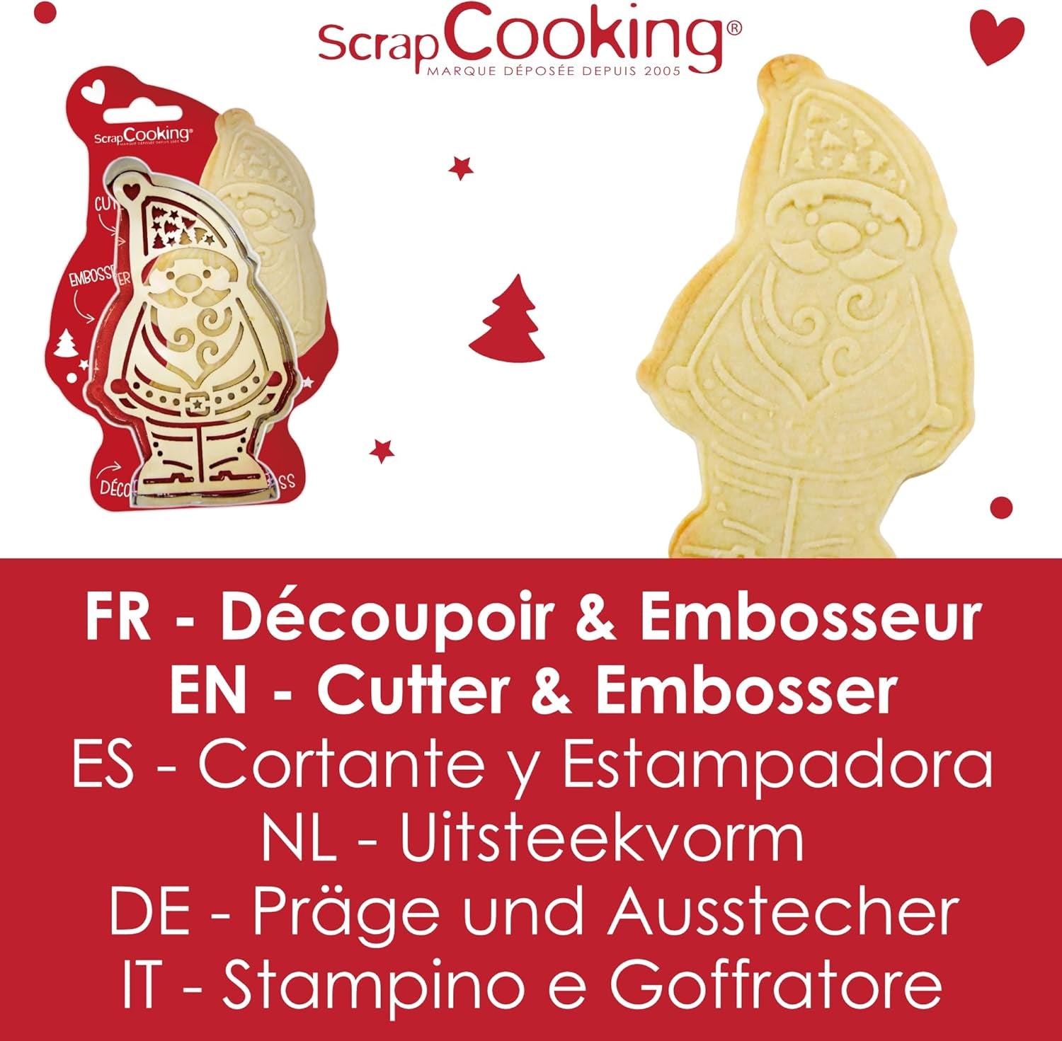 ScrapCooking – Set de tăiat fursecuri din lemn și embossare cu Moș Crăciun – Formă de tăiat fursecuri de Crăciun din oțel inoxidabil pentru fursecuri în relief – Accesorii de copt – Idee de cadou de Crăciun în bucătărie – 2079