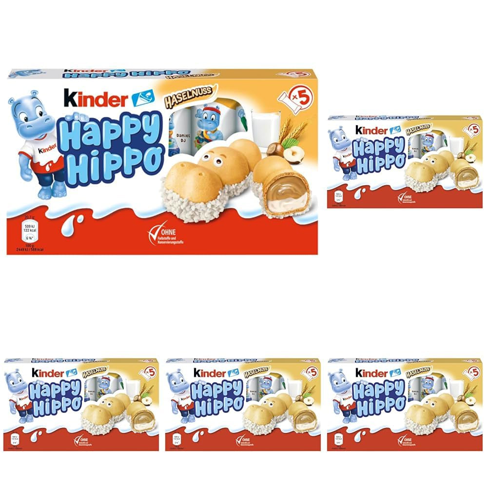 Kinder Happy Hippo Hazelnut - Specjalne chrupiące wafle z mlekiem i kremem z orzechów laskowych - Słodycze karnawałowe i Mardi Gras - 1 opakowanie zawierające 5 pojedynczych batonów po 20,7 g każdy