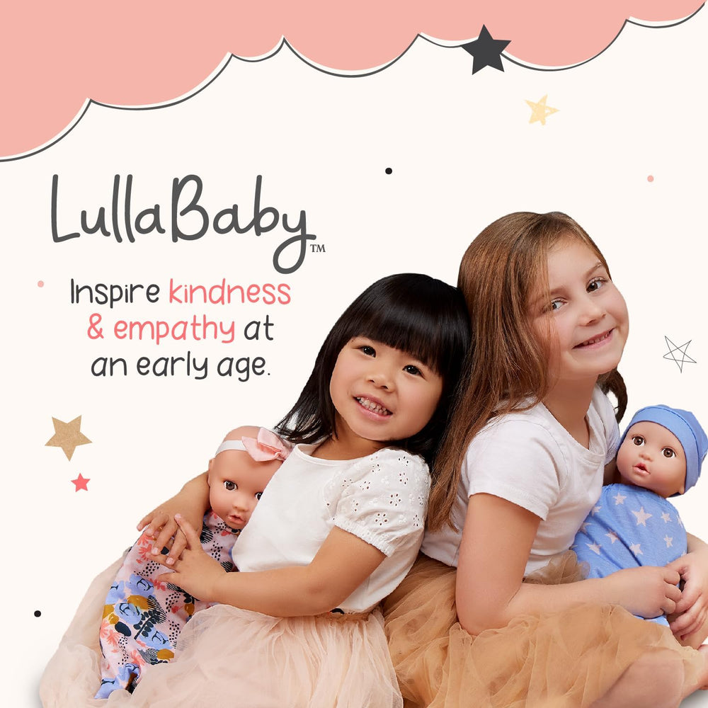 LullaBaby - Baby Puppe - Einteiler & Mütze - 36 cm Realistyczny Baby-Puppe - Orzech laskowy, brązowe oczy i miękkie ciało - Romper i Schnuller-Zubehör - Udawaj zabawę - Kinder 2 Jahre +