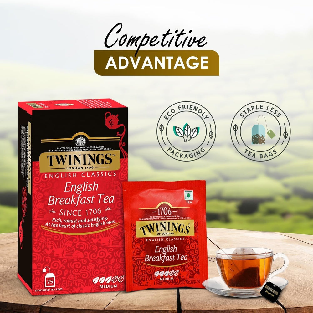 Twinings English Breakfast Ceai negru 50 g, 25 pliculețe de ceai, ceai negru plin, rotund și puternic din cele mai bune plantații de ceai din Sri Lanka și India. Ceai negru Pachet de 1 (1 x 50 g)