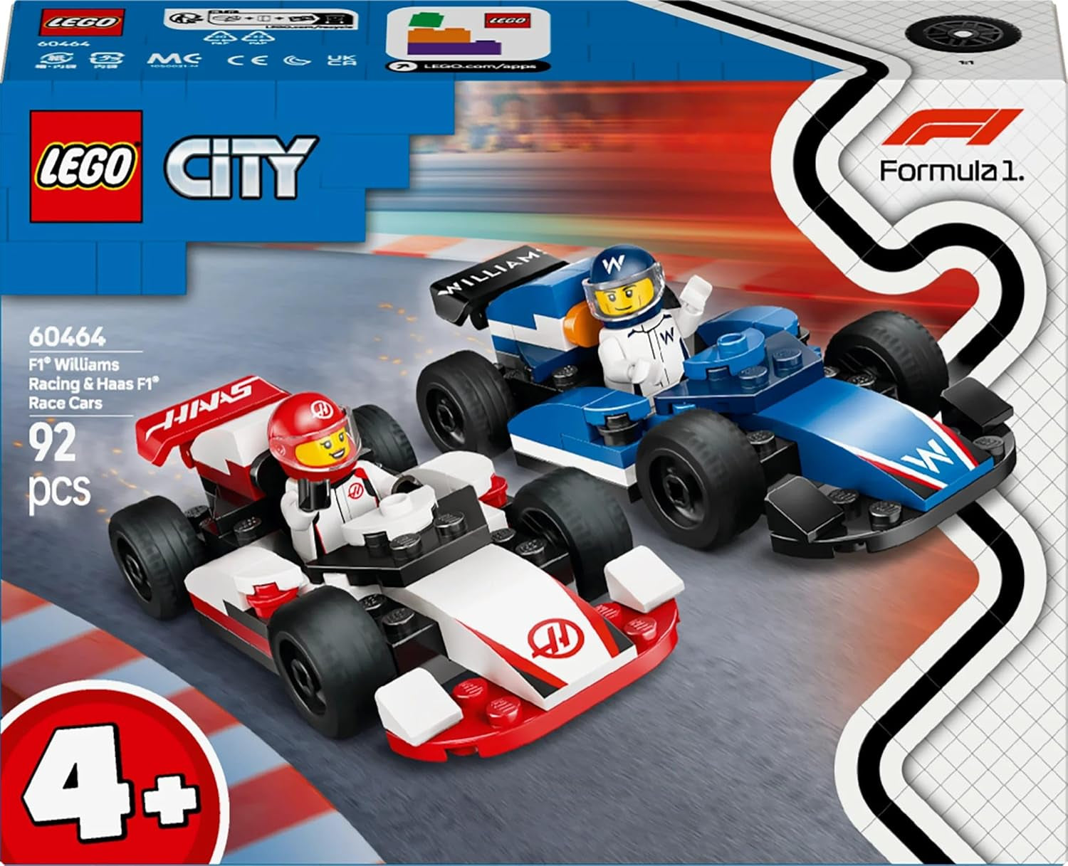 LEGO City Samochody wyścigowe F1 Williams Racing i Haas F1 Racing — zabawka Formuły 1 z samochodami do zbudowania i 2 minifigurkami kierowców wyścigowych — pomysły na drobne prezenty dla chłopców i dziewcząt od 4 lat 60464 Zestawy do budowania Szukaj sklepu LEGO