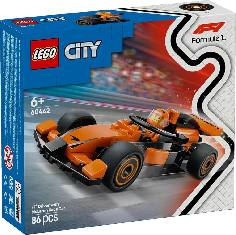 LEGO City Wyścigówka F1 z samochodem wyścigowym Mclaren — model zabawkowy Formuły 1 z samochodem wyścigowym i minifigurką — mały prezent dla chłopców i dziewcząt od 6 lat lub fanów sportów motorowych 60442 Zestawy do budowania Besuche den LEGO-Store