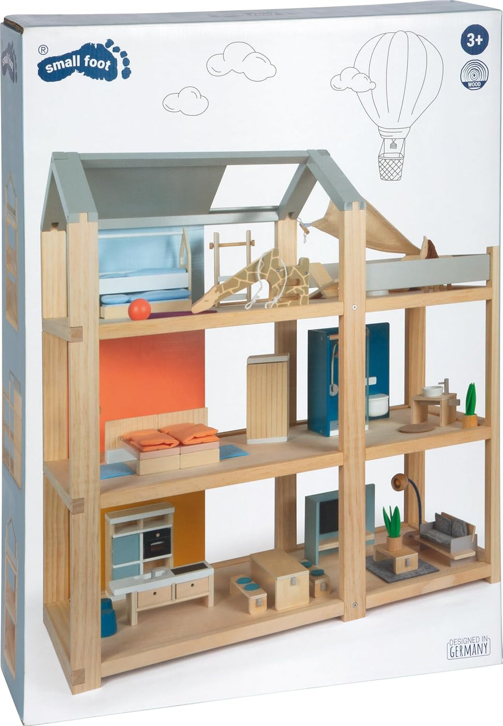 Casă de păpuși din lemn Small Foot, culori naturale – cu 3 etaje, terasă pe acoperiș și set de mobilier cu 51 de piese, încurajează jocul creativ, potrivită pentru vârste de la 3 ani în sus, 12541