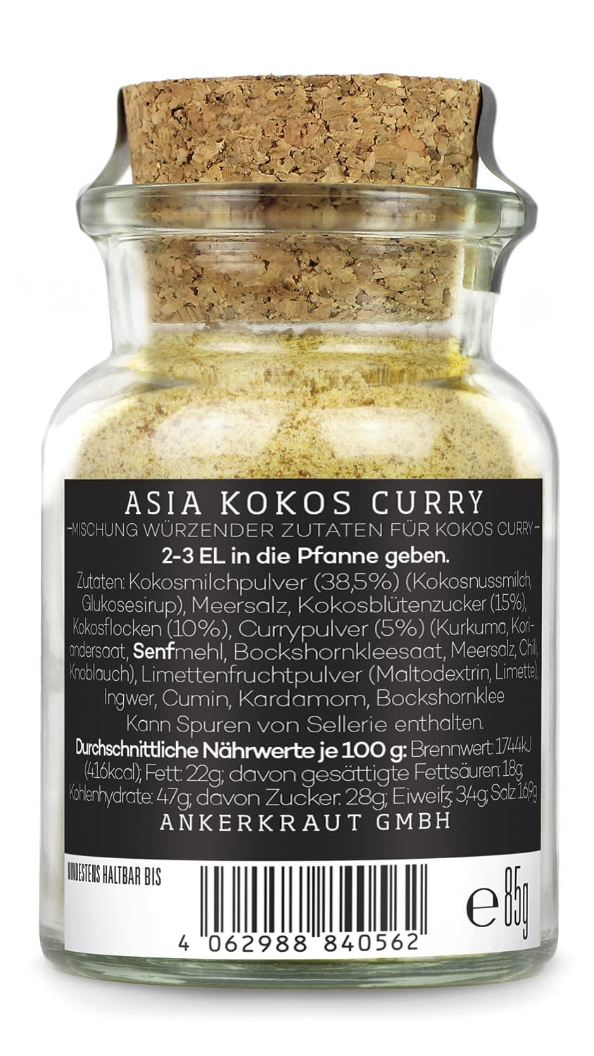 Ankerkraut Asia Kokos Curry, 85 g w szkle korkowym, Gewürz für Kokos-Milch Gemüse Fleisch, Einfach Lecker Zu Hause Kochen, Premium Qualität in der Panne