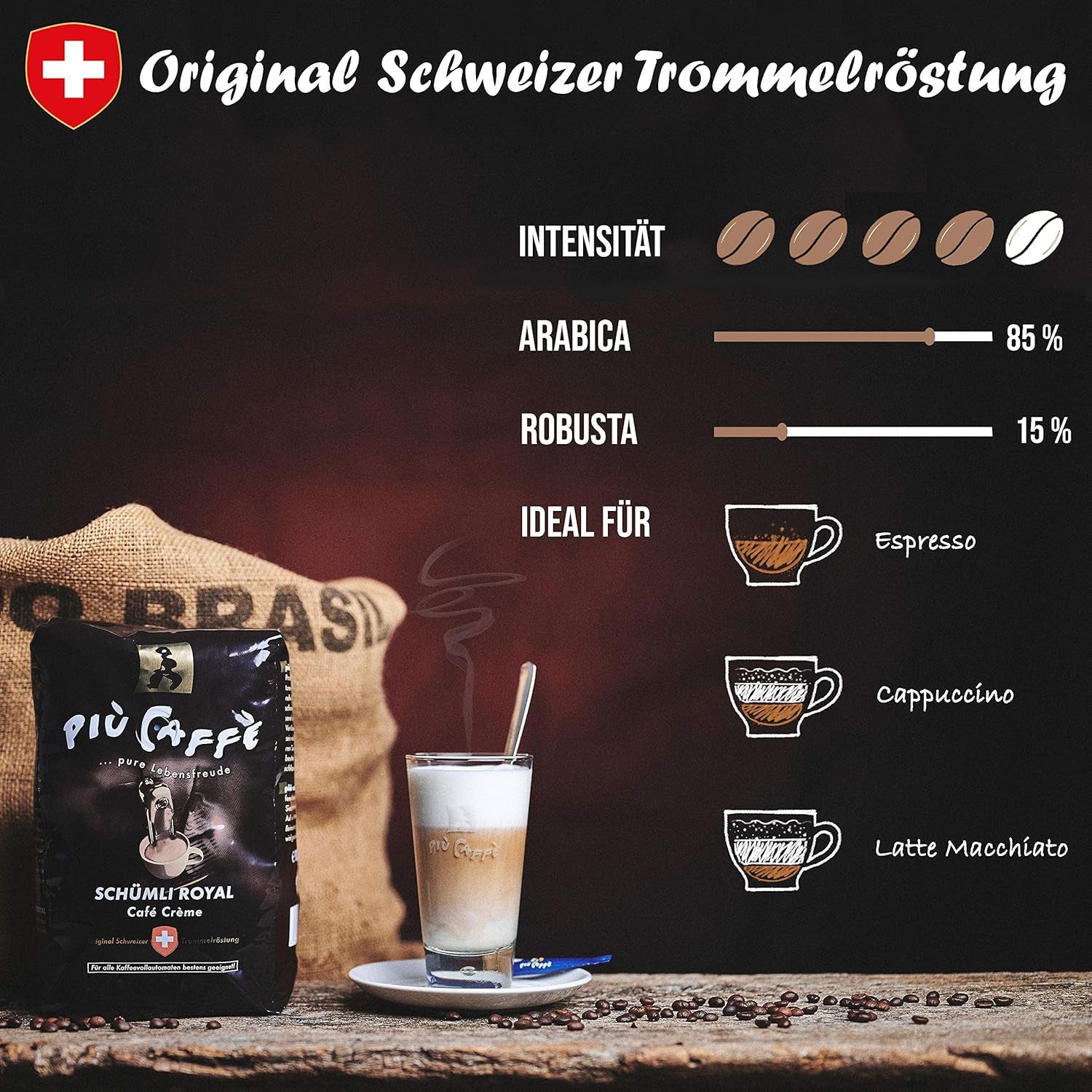 Café Crème Kaffeebohnen, würzig, kräftig, intensiv und gehaltvoll, Arabica und Robusta, Schweizer Trommelröstung, ganze Bohnen für Vollautomaten Schümli Royal 1 kg