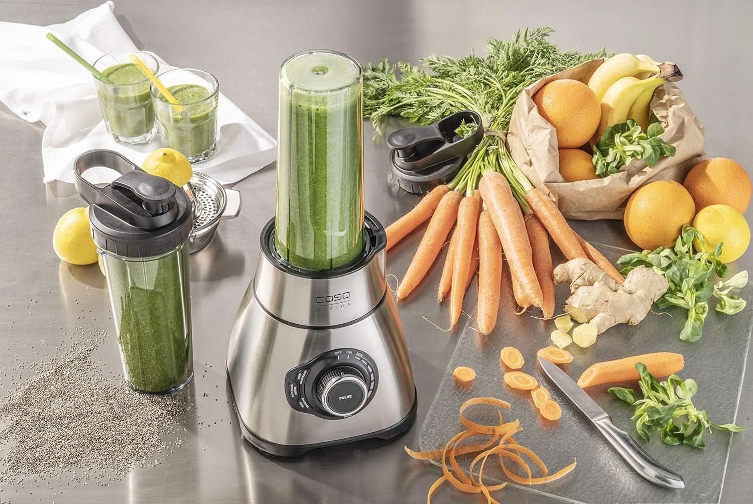 CASO B 1800 Powerblender-Set - Mikser stojący, 28 000 U/Min, Glasbehälter 1,75 L, Inkl. Trinkflasche Und Zerkleiner, Mixer Testsieger Mit Sehr Gut, Edelstahl Naty Shop