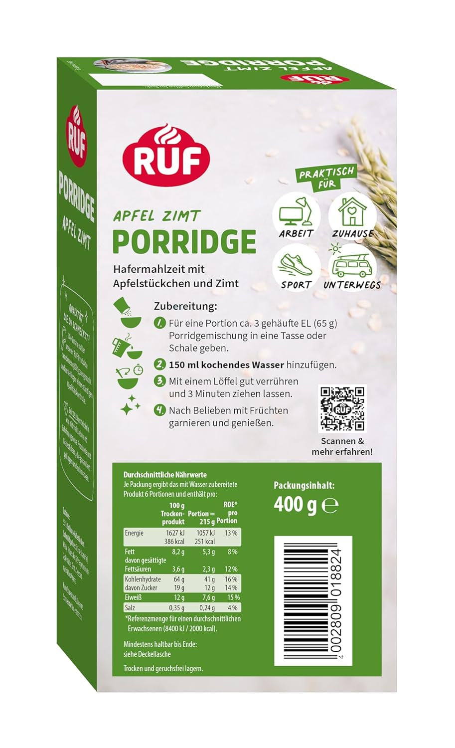 RUF Płatki owsiane cynamonowo-jabłkowe z całymi płatkami owsianymi, delikatnym aromatem cynamonu i kawałkami suszonych jabłek, przekąski, opakowanie zbiorcze, 1 x 400g