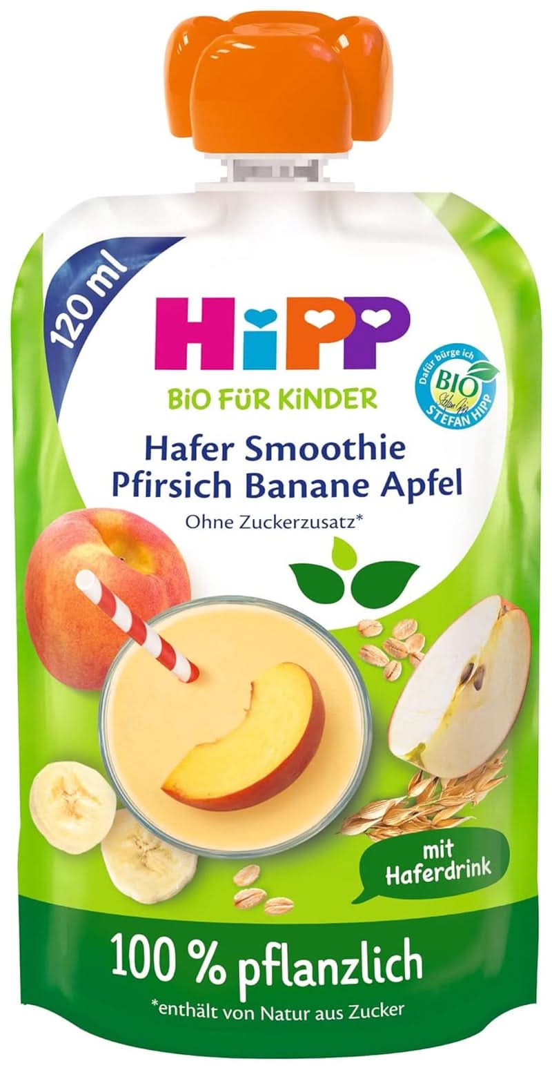 Hipp BIO Smoothie z jabłkami, brzoskwiniami, bananami i napojem owsianym, 120 ml, opak. 6 szt. (6 x 120 ml) Matka i Dziecko Naty Shop 6 x 120 ml Banan, brzoskwinia