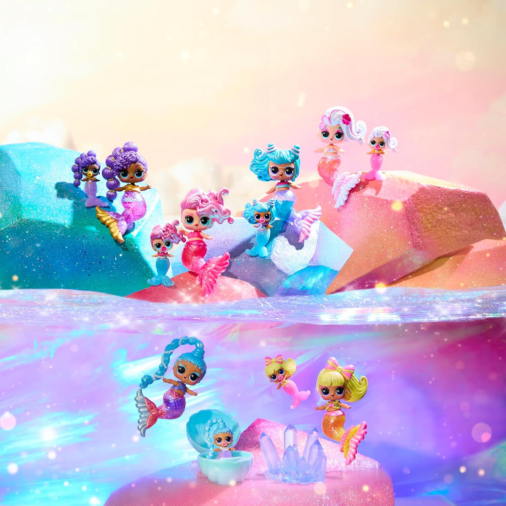 LOL Surprise! Sirene Makeover Magic Baby Sisters – Coadă de sirenă care își schimbă culoarea cu bilă de scoică pentru expunere, 6 păpuși de colecție – vârste 4+