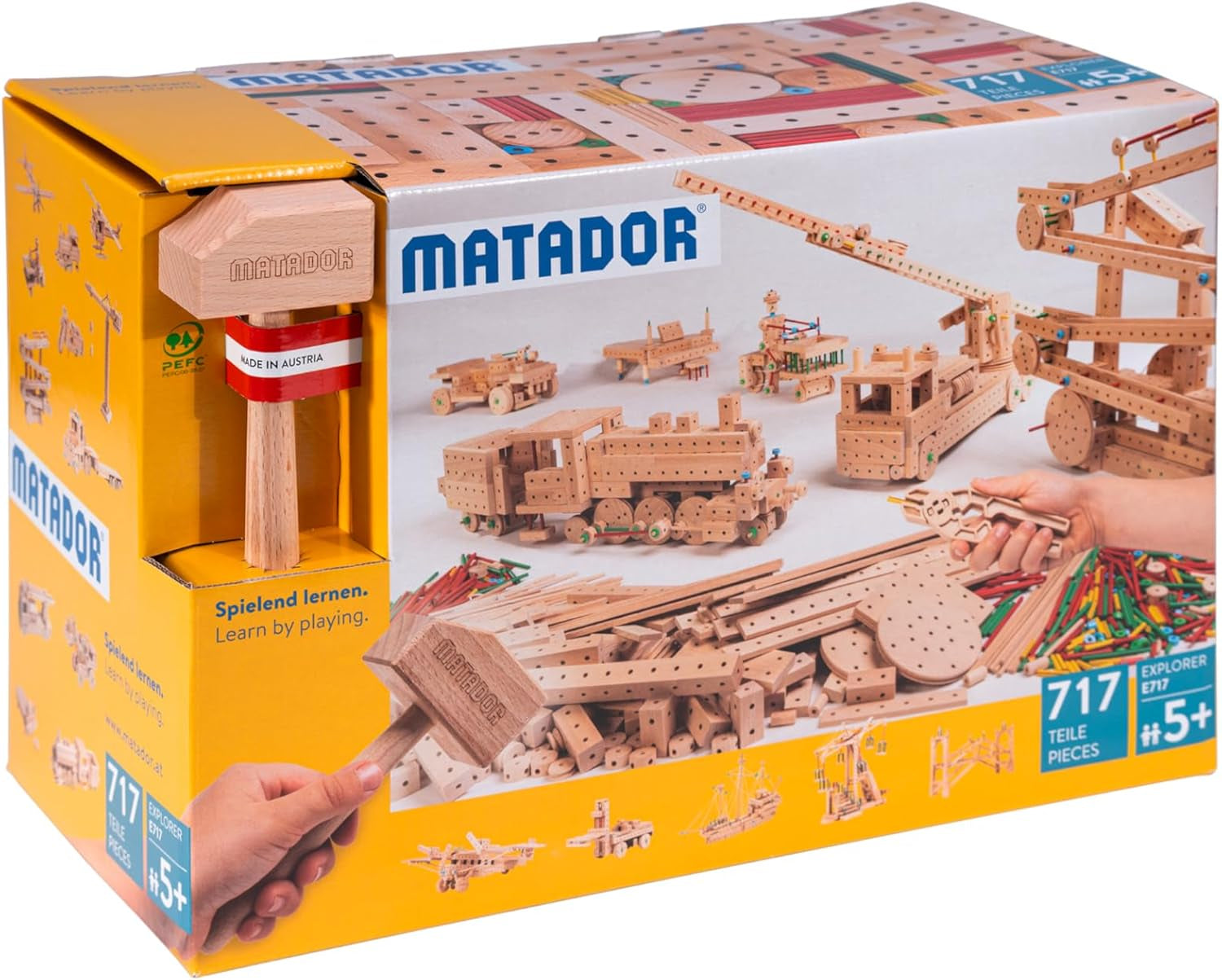 Matador Kinder Baukasten ab 5 Jahren 222-tlg. - Spannendes Holz Konstruktionsspielzeug zur Schulung von Kreativität und Feinmotorik, Bauspielzeug mit Stäbchen, Klötzen, Hammer & Zange