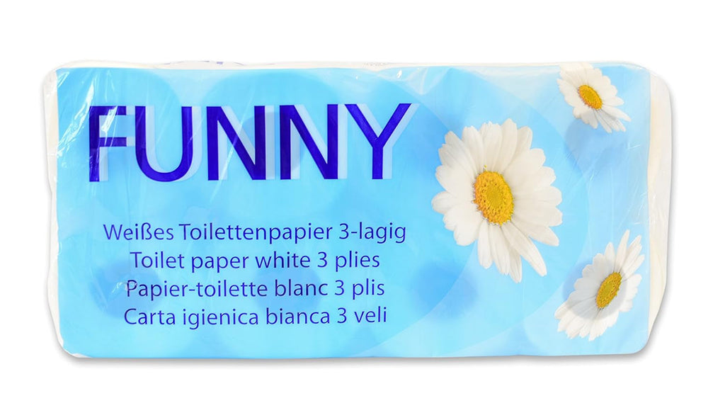 Hârtie igienică Funny AG-014, 3 straturi, 250 de coli, 9,5 cm x 11 cm, albă, pachet unic de 8 role