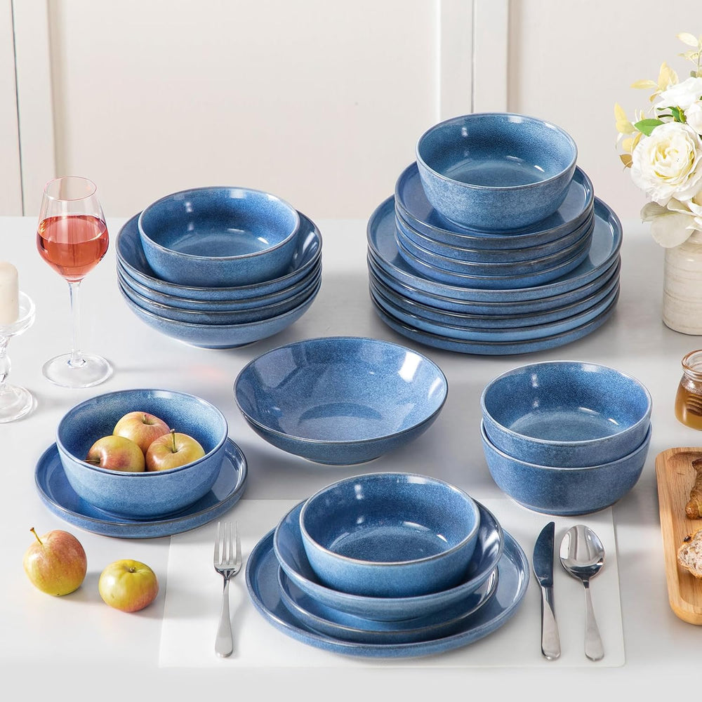 Steingut Geschirrset 6 Personen, vancasso ANYA Blau Teller Set Modern 24 teilig,Tafelservice mit Speiseteller, Suppenteller, Desserttellern, Schüsseln, Geschirr Set Spülmaschinen und Mikrowellenfest