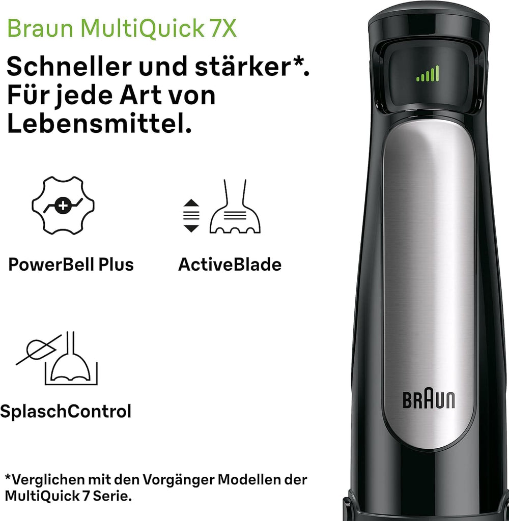 Braun Multiquick 7 MQ 7035X Stabmixer - Pürierstab Mit Abnehmbarem Edelstahl Mixfuß Mit Activeblade Technologie Zum Pürieren Der Härtesten Ingredient, Inkl. Zestaw 3-Teiliges Zubehör, 1000 W, Schwarz Kitchen Naty Shop